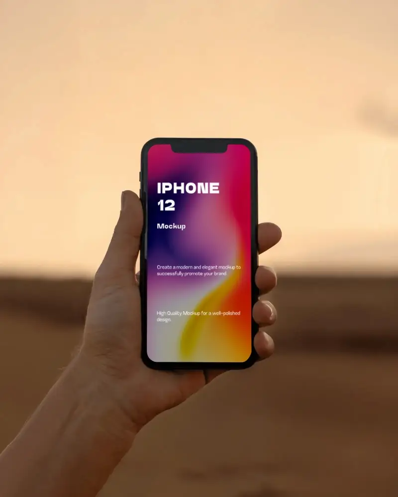 Iphone 12 Mockup Elegant Handheld Device Captured In Front Of Desert Sunset Golden Horizon