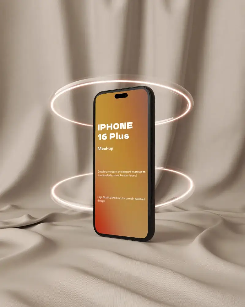 Iphone 16 Plus Mockup Modern Luxury Phone Showcased With Glowing Light Circles On Fabric Set