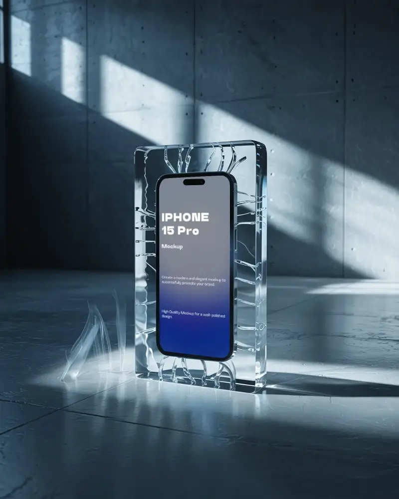 Iphone 15 Pro Mockup Futuristic Smartphone Display Encased In Broken Glass Sci Fi Setting