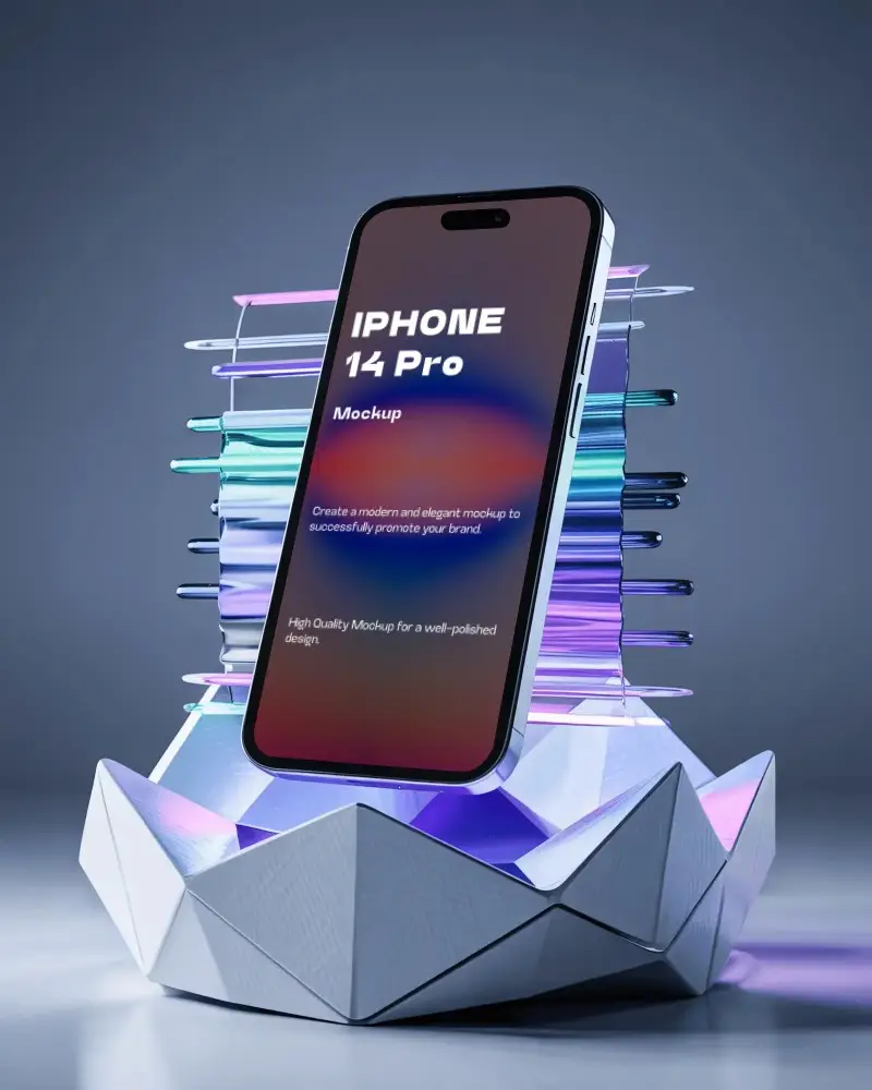 Iphone 14 Pro Mockup Premium Smartphone On Futuristic Geometric Stand With Neon Glow Layers