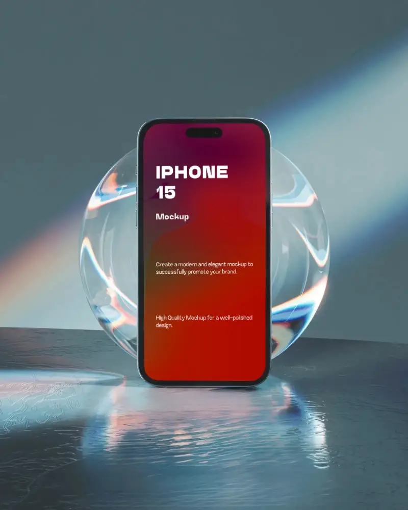 Iphone 15 Mockup Premium Smartphone Standing In Front Of Crystal Sphere With Rainbow Light