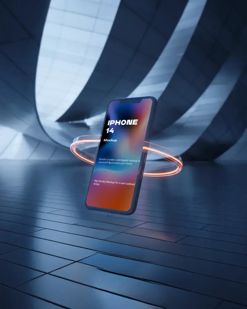 Iphone 14 Mockup Premium Device Hovering In Modern Architecture With Glowing Circular Light