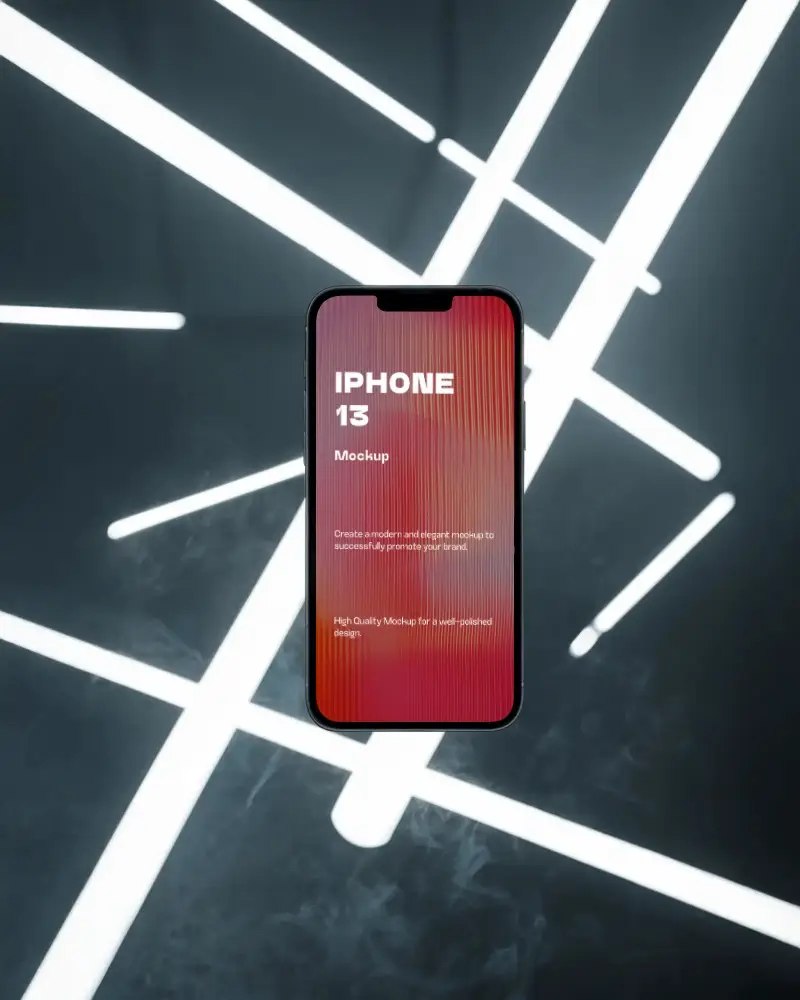 Iphone 13 Mockup Premium Device Hovering Against Bright Light Beams And Foggy Cinematic Backdrop
