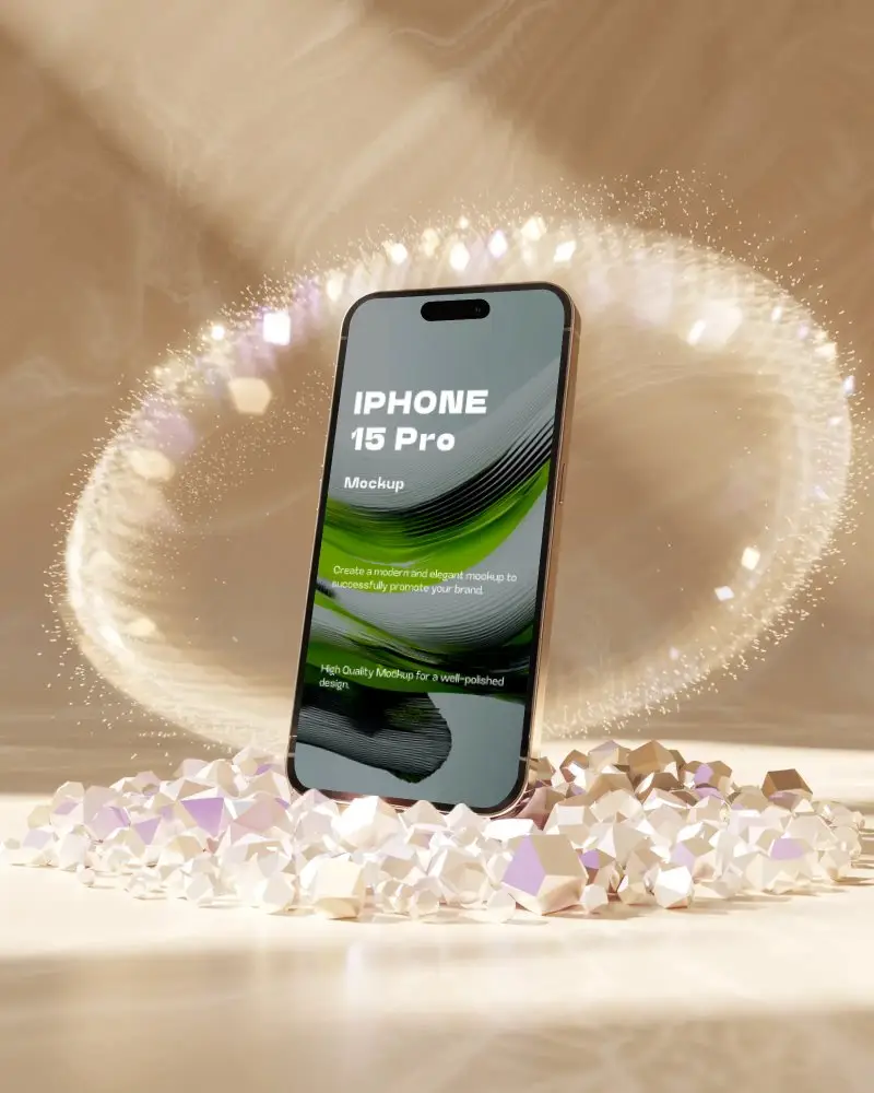 Iphone 15 Pro Mockup Stunning Device Display Surrounded By Shimmering Light And Crystal Base
