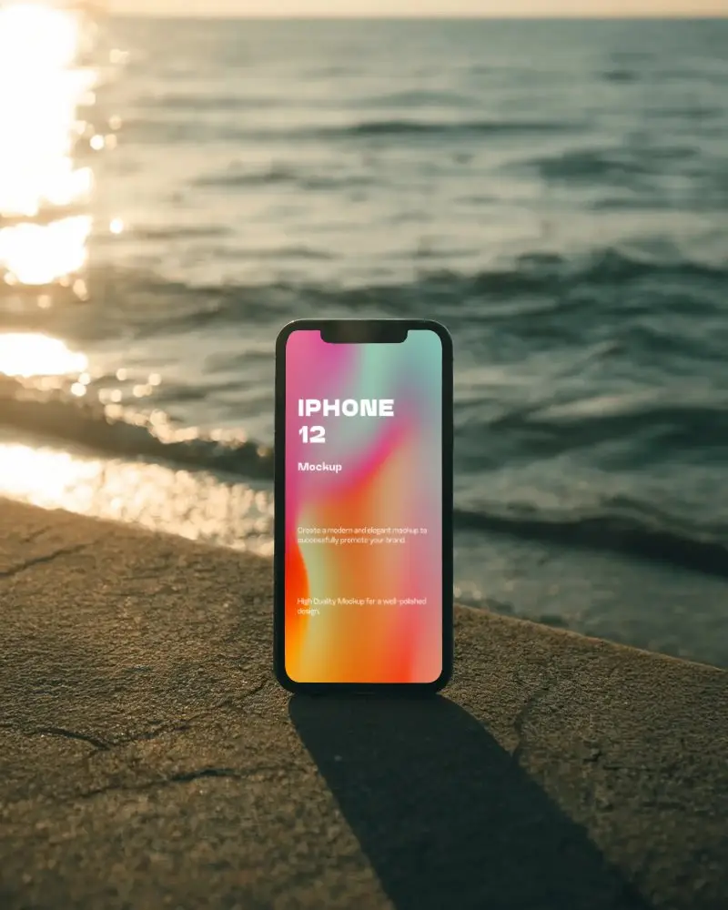 Iphone 12 Mockup Stylish Smartphone On Coastal Pathway With Sea Waves And Golden Hour Glow
