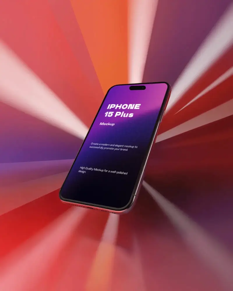 Iphone 15 Plus Mockup Premium Device Display Surrounded By Dynamic Light Rays Cinematic Style