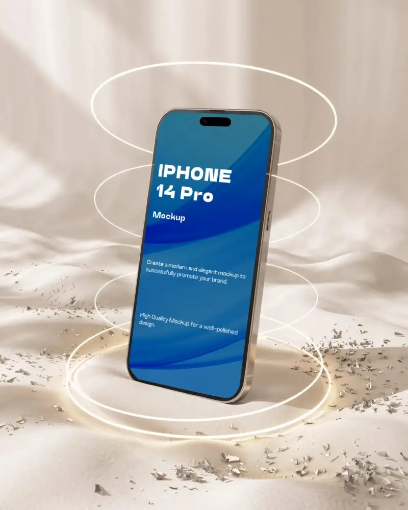Iphone 14 Pro Mockup Stylish Device Display In Minimal Scene With Light Rings And Sandy Surface