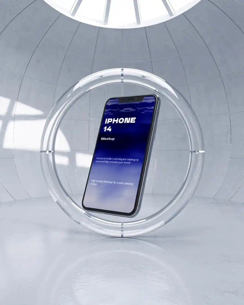 Iphone 14 Mockup Stunning Smartphone Display Inside Transparent Ring In Minimal Studio Setting