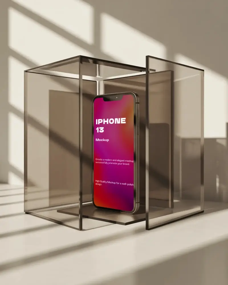 Iphone 13 Mockup Premium Smartphone Enclosed In Minimal Glass Cube With Sunlight And Shadows
