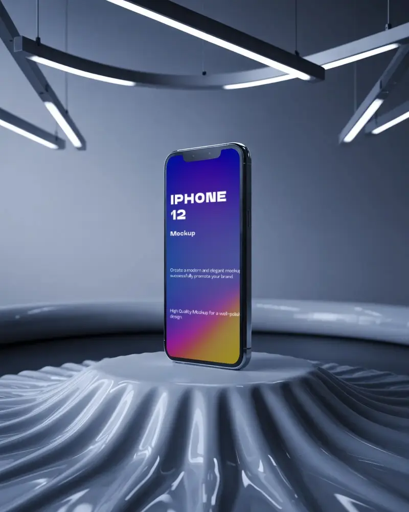 Iphone 12 Mockup Premium Smartphone On Futuristic Pedestal With Modern Neon Light Installation