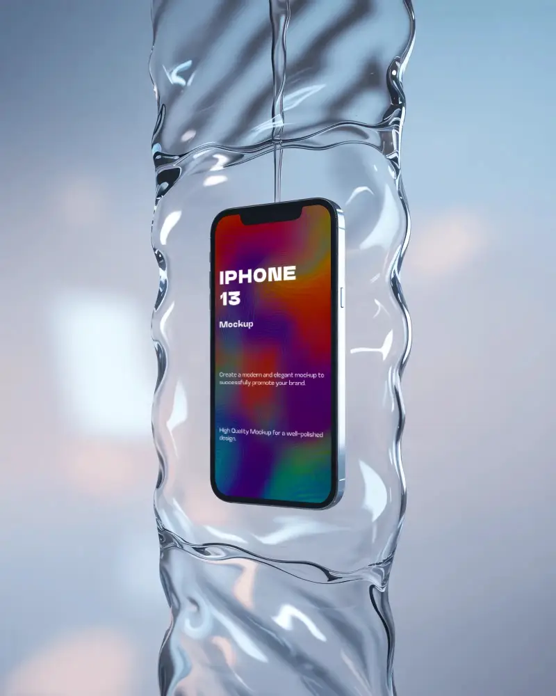 Iphone 13 Mockup Stunning Smartphone Display Inside Liquid Glass Water Stream Artistic Visual