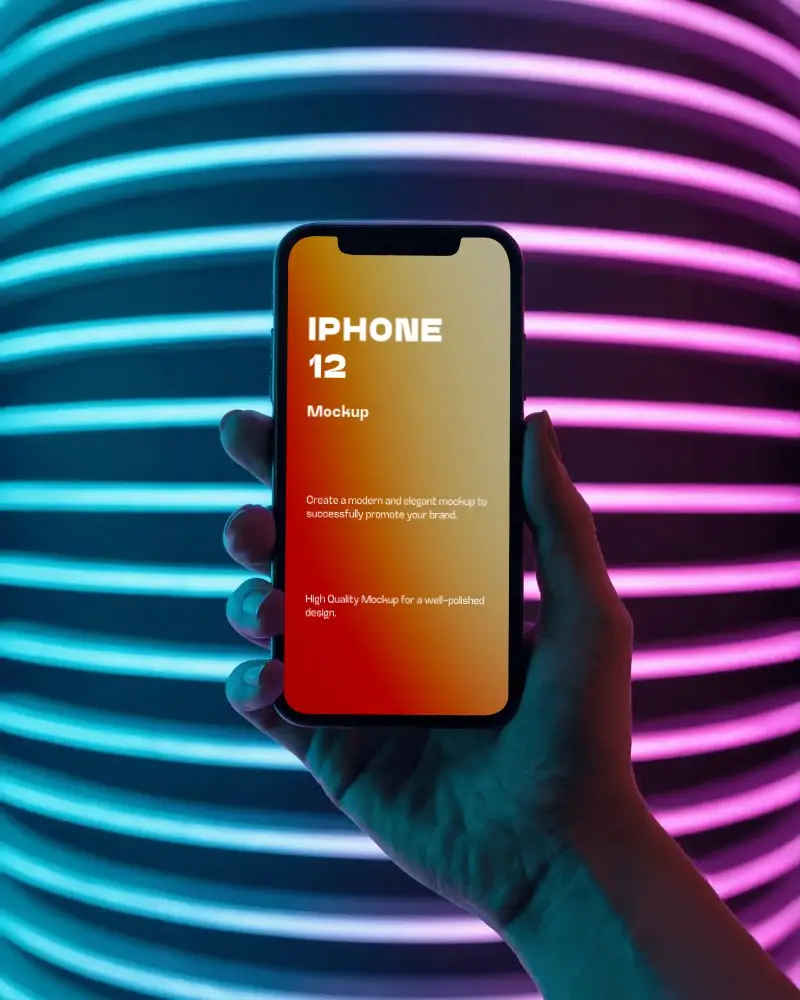 Iphone 12 Mockup Smartphone In Hand Against Cyberpunk Neon Striped Background Blue And Pink Glow