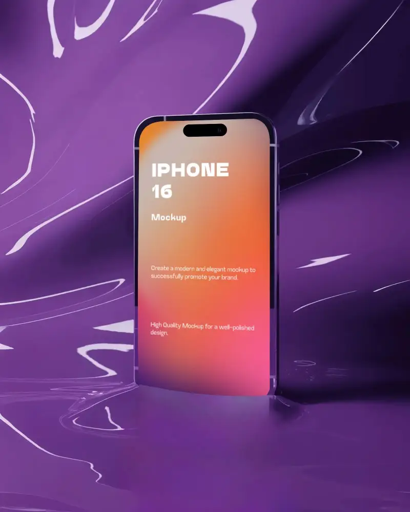 Iphone 16 Mockup Premium Smartphone Standing In Glossy Liquid Purple Surface With Futuristic Glow