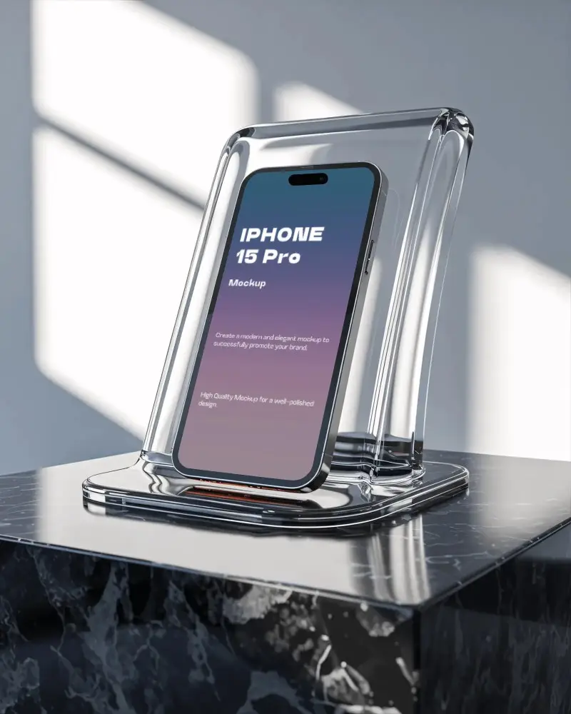 Iphone 15 Pro Mockup Premium Smartphone In Transparent Glass Stand On Black Marble Surface