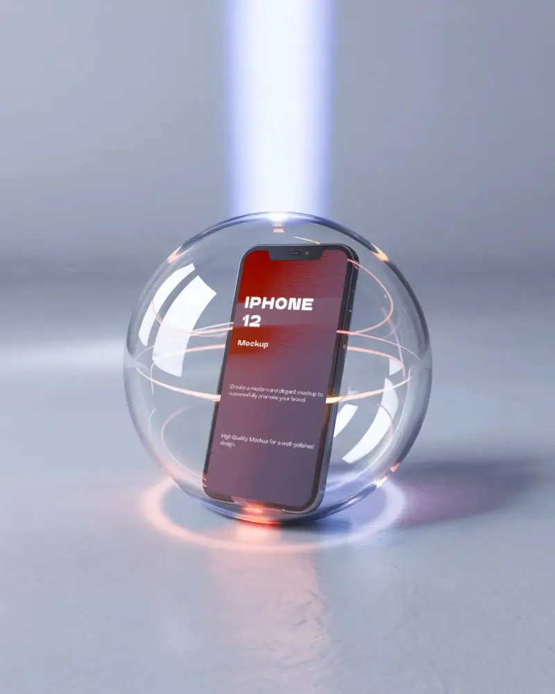Iphone 12 Mockup Premium Smartphone Inside Transparent Glass Sphere With Futuristic Light Glow