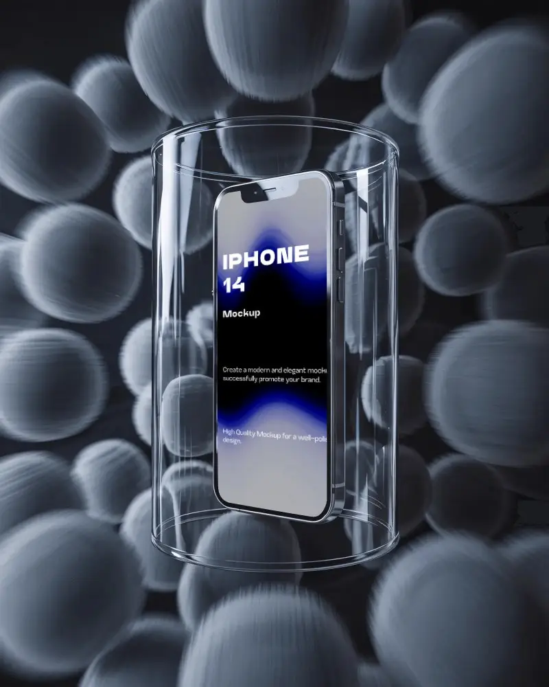 Iphone 14 Mockup Premium Smartphone In Transparent Glass Cylinder Surrounded By Floating Spheres