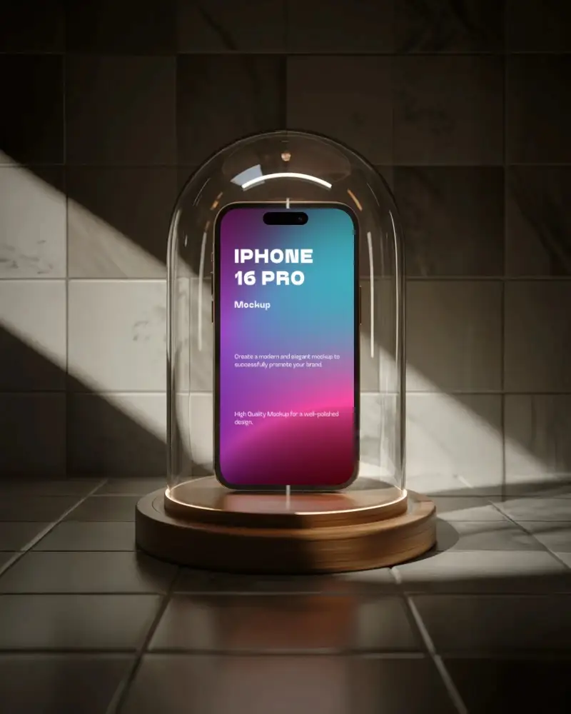 Iphone 16 Pro Mockup Premium Smartphone Under Glass Dome On Wooden Base With Dramatic Lighting