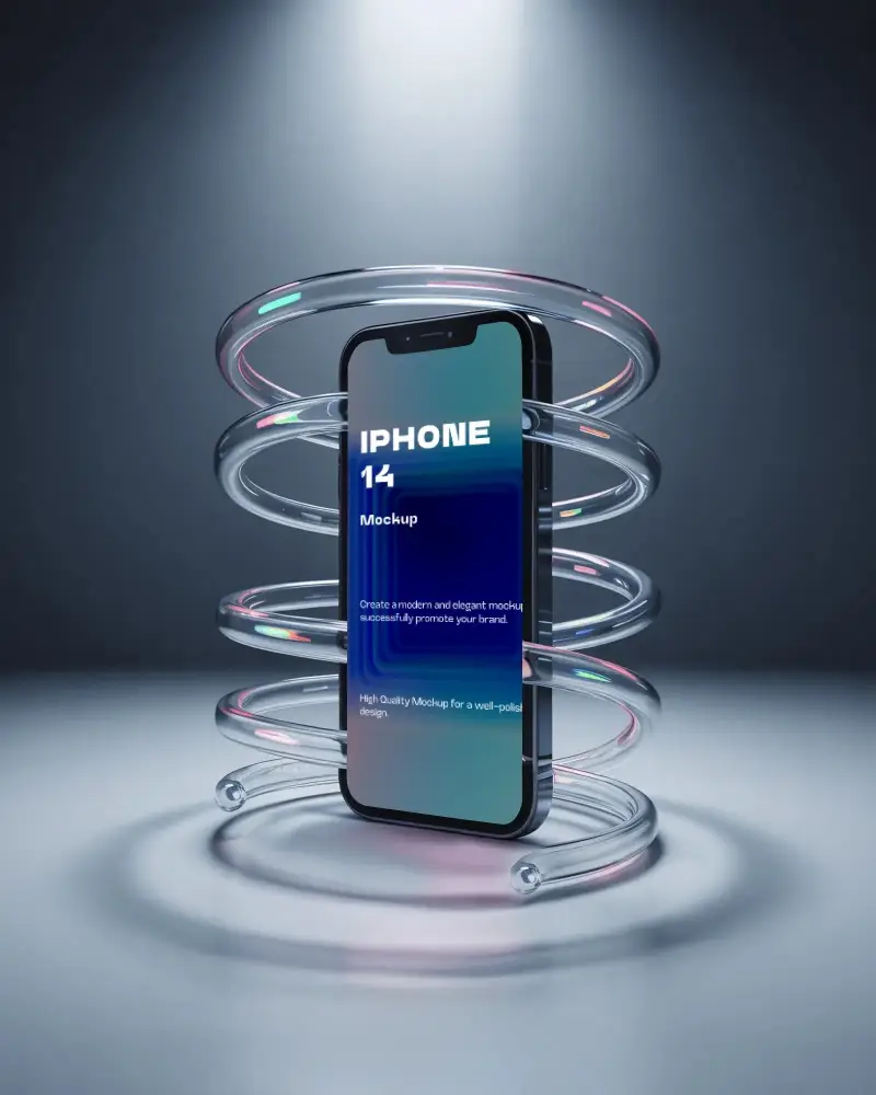 Iphone 14 Mockup Premium Smartphone Framed By Glowing Transparent Rings Under Studio Spotlight