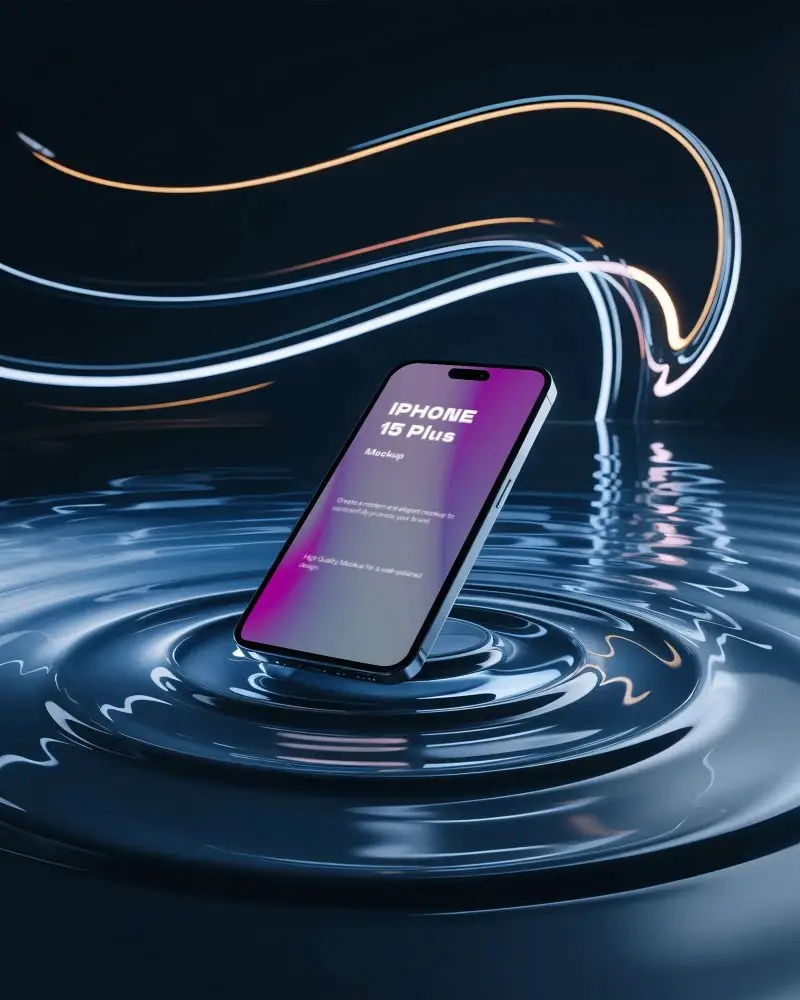 Iphone 15 Plus Mockup Floating On Water With Dynamic Light Trails Futuristic Minimal Scene