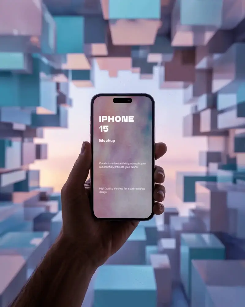 Futuristic Iphone 15 Mockup Hand Holding In Abstract Cube Cityscape With Soft Sunset Light