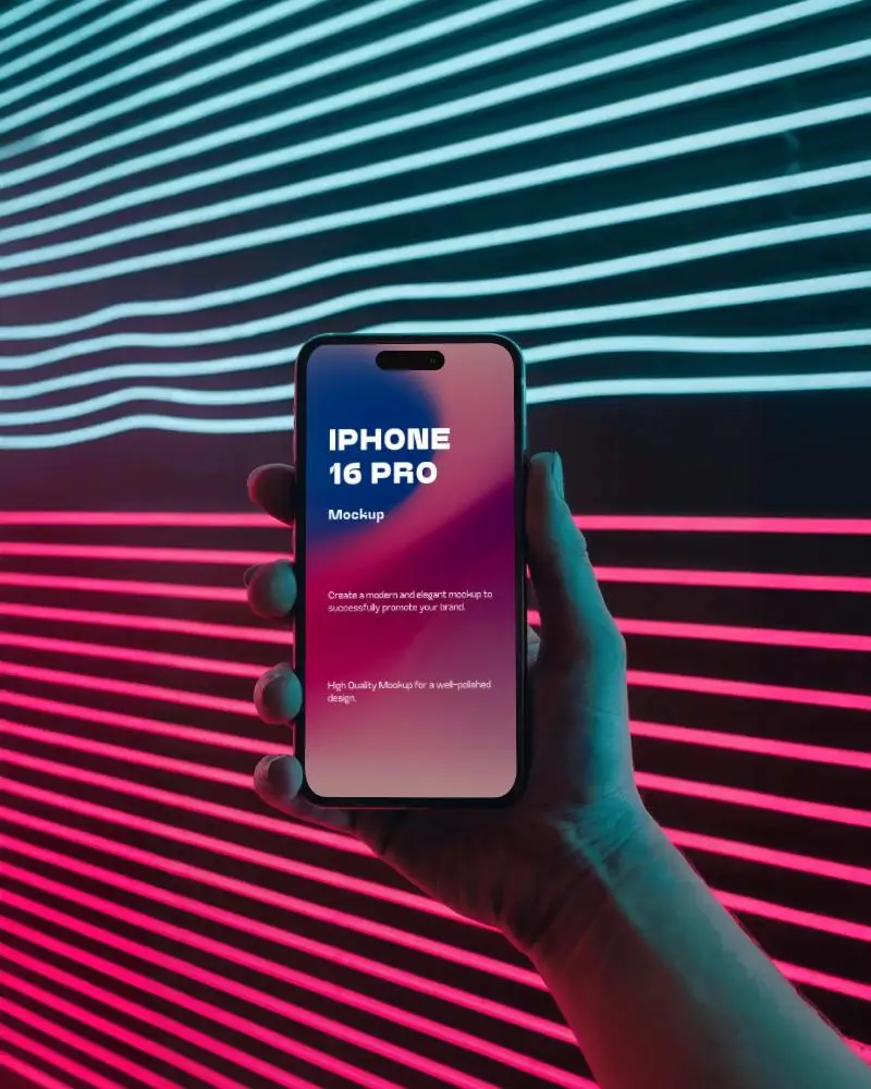 Futuristic Iphone 16 Pro Mockup Hand In Focus Against Glowing Neon Wave Background Stylish Look