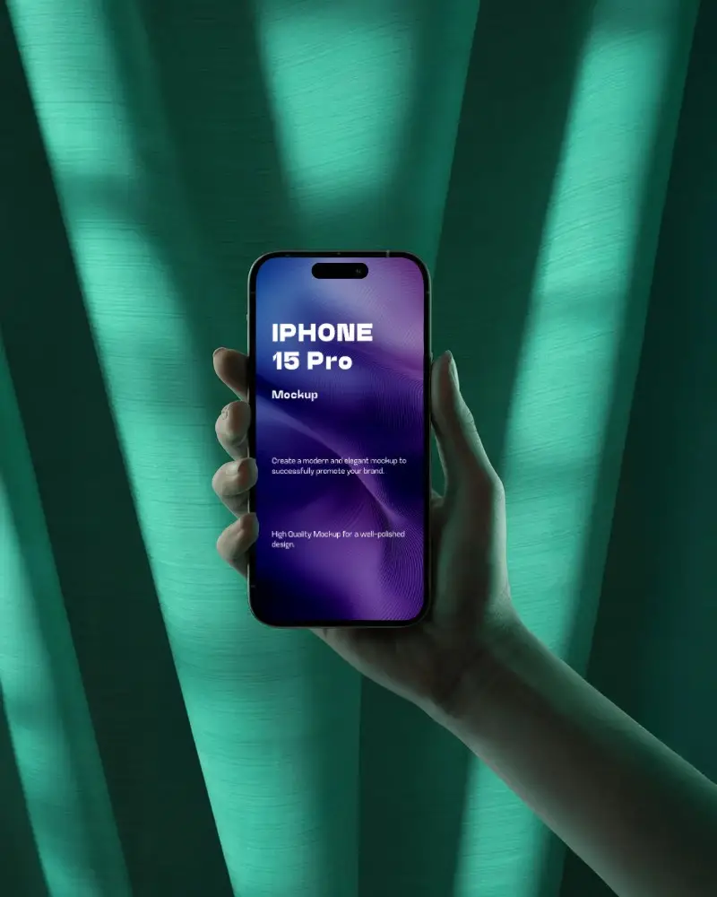 Elegant Iphone 15 Pro Mockup Handheld Showcase In Front Of Green Curtain With High End Vibe