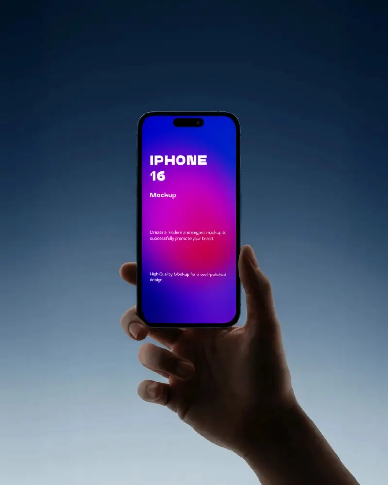Sleek Iphone 16 Mockup Hand In Focus Over Soft Blue Gradient Lighting For Premium Clean Look
