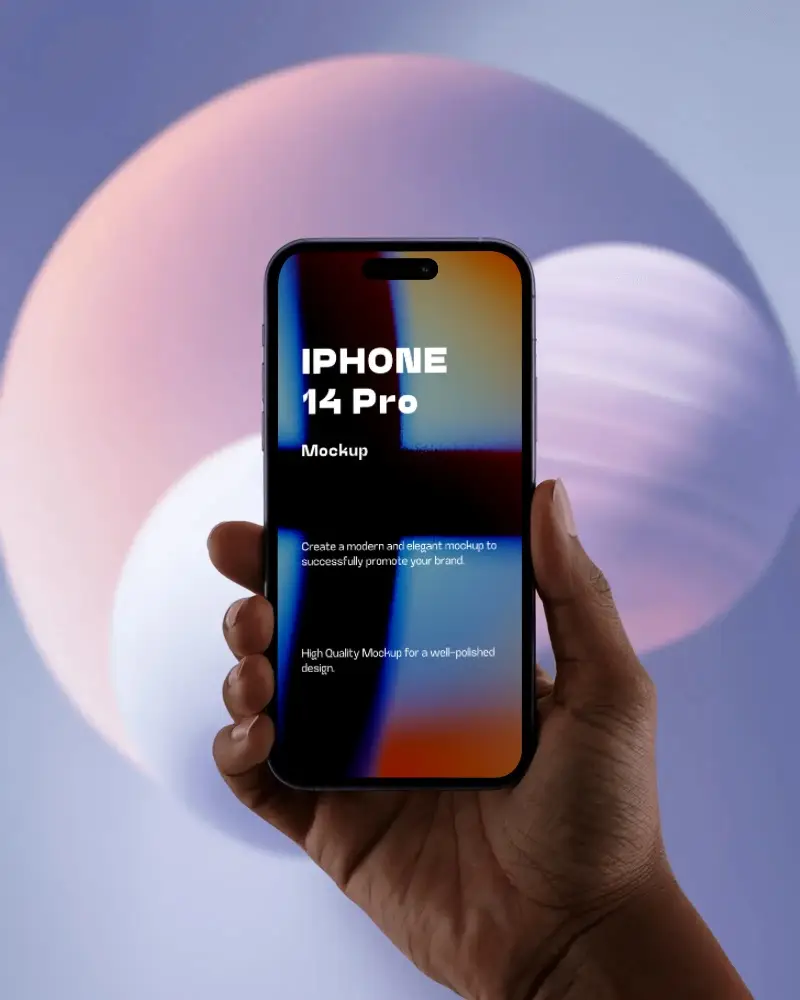 Iphone 14 Pro Mockup Handheld Display Against Abstract Planet Sphere Background With Modern Style