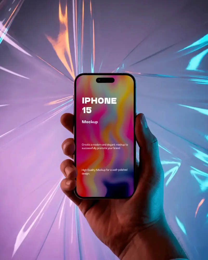 Modern Iphone 15 Mockup Blank Screen Displayed In Hand Against Colorful Abstract Backdrop
