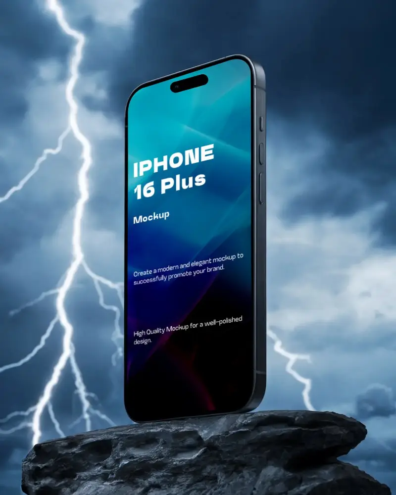 Sleek Modern Iphone 16 Plus Mockup Standing On Rock Lightning Background Digital Device Presentation