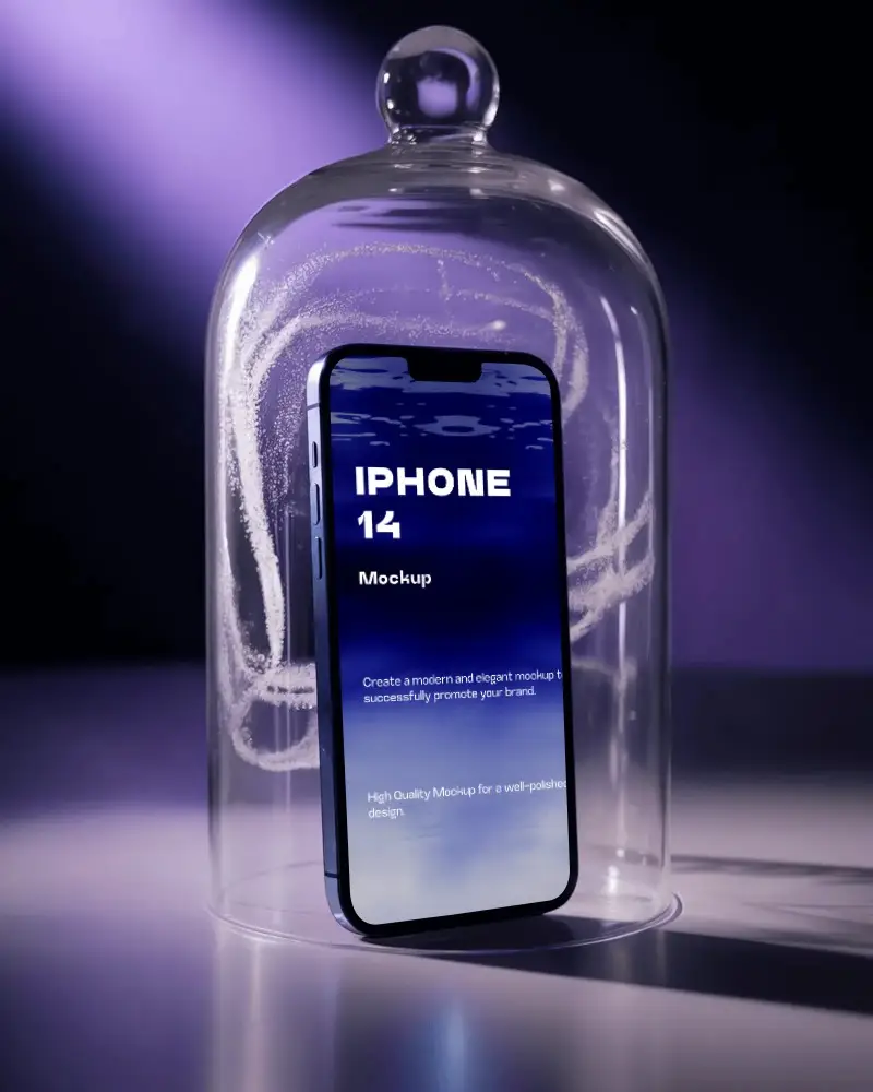 Premium Iphone 14 Mockup Showcasing Sleek Edges Under Glass Dome With Atmospheric Lighting Effect