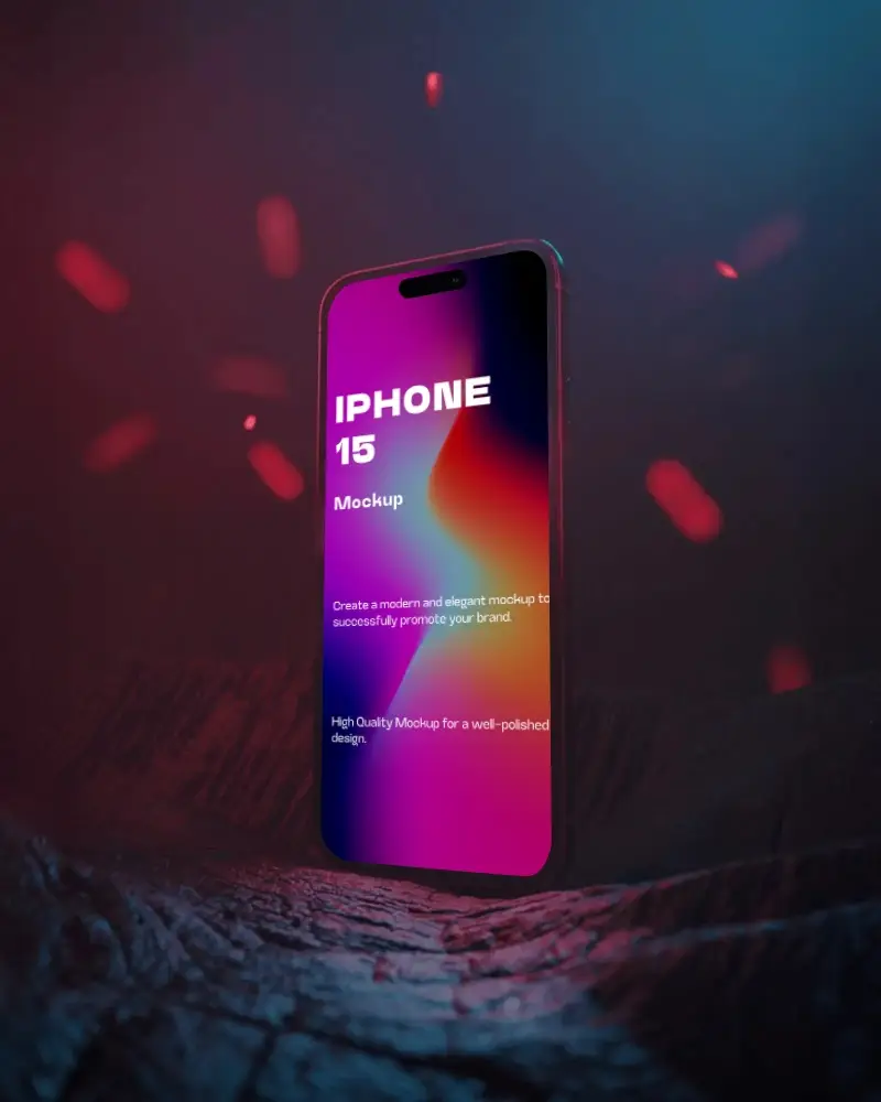 Dramatic Dual Tone Lighting Iphone 15 Mockup Standing Device In Dark Textured Scene