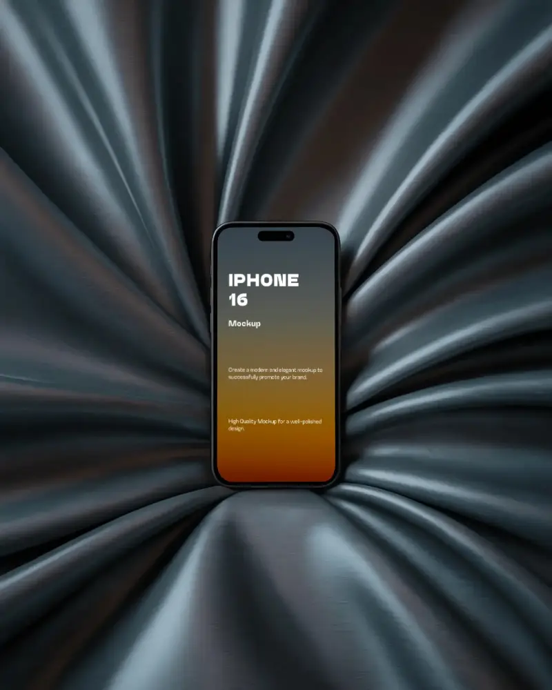 Elegant Silk Draped Iphone 16 Mockup Phone Centered On Luxurious Dark Fabric Folds