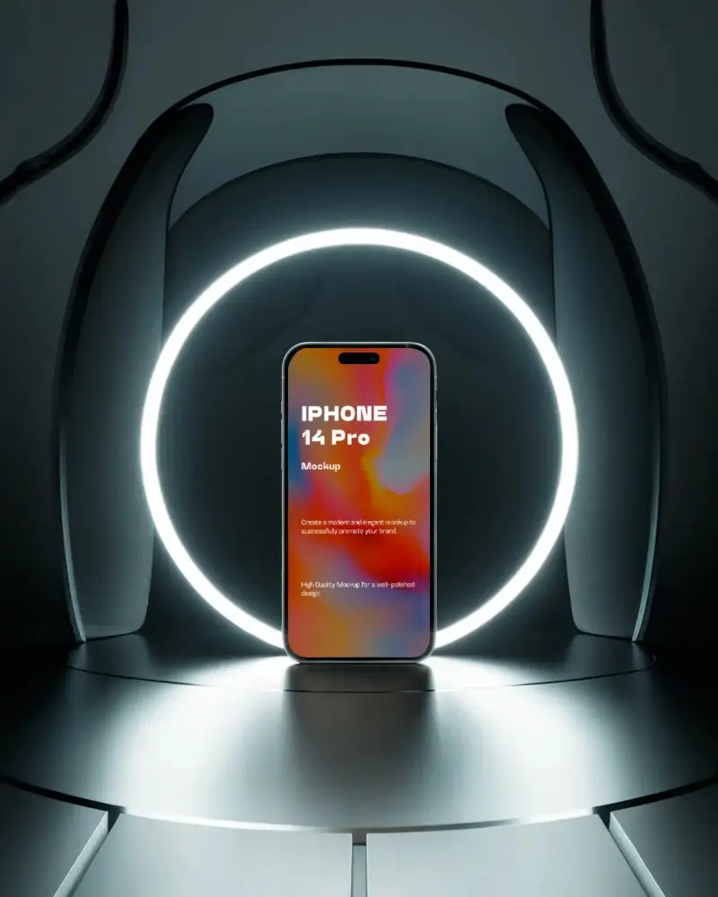 Futuristic Ringlight Iphone 14 Pro Mockup Phone Centered In Sleek Metallic Pod