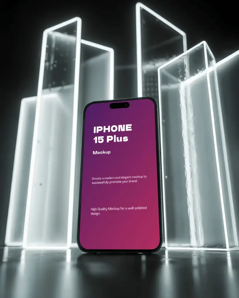 Luminous Architectural Iphone 15 Plus Mockup Phone In Front Of Glowing Glass Structures