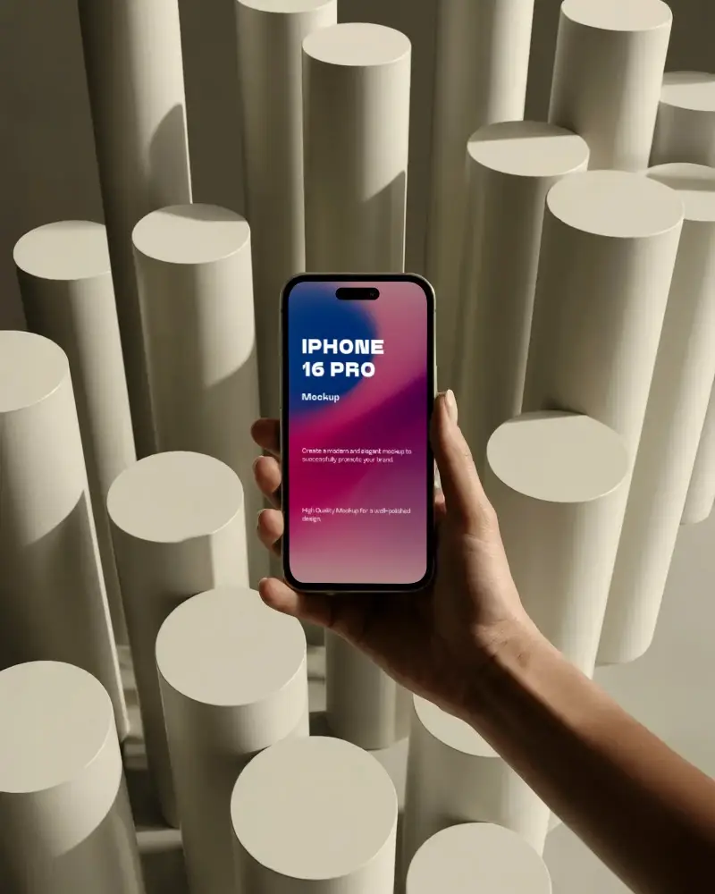 Artistic Cylinder Background Iphone 16 Pro Mockup Hand Holding Phone In Soft Warm Light