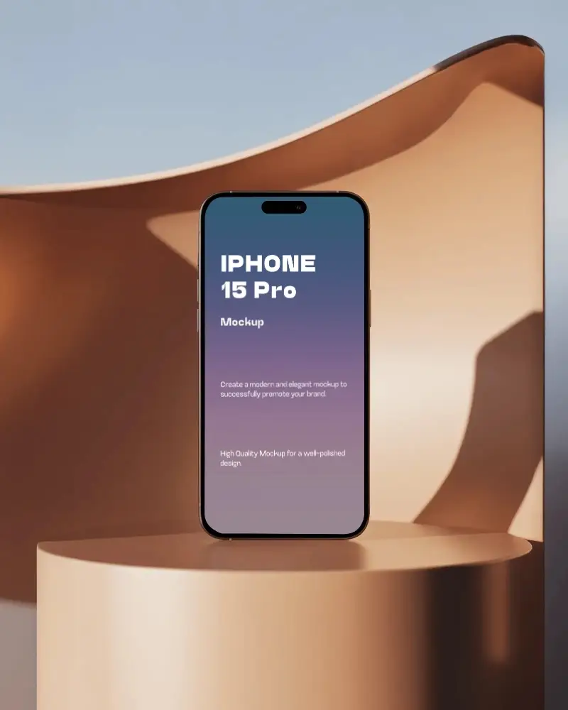 Warm Architectural Iphone 15 Pro Mockup Phone On Smooth Curved Modern Podium