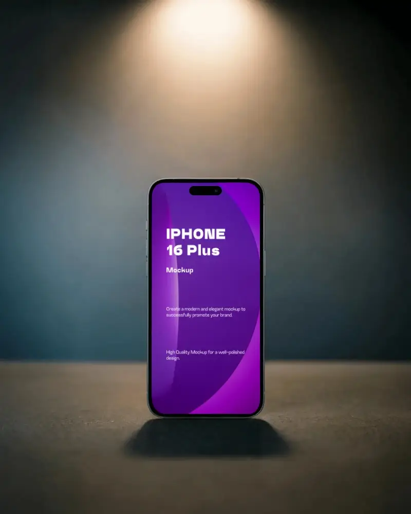 Dramatic Spotlight Iphone 16 Plus Mockup Phone Standing In Moody Focused Light