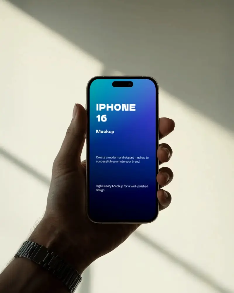 Warm Natural Light Iphone 16 Mockup Hand Holding Phone In Soft Minimal Sunlight