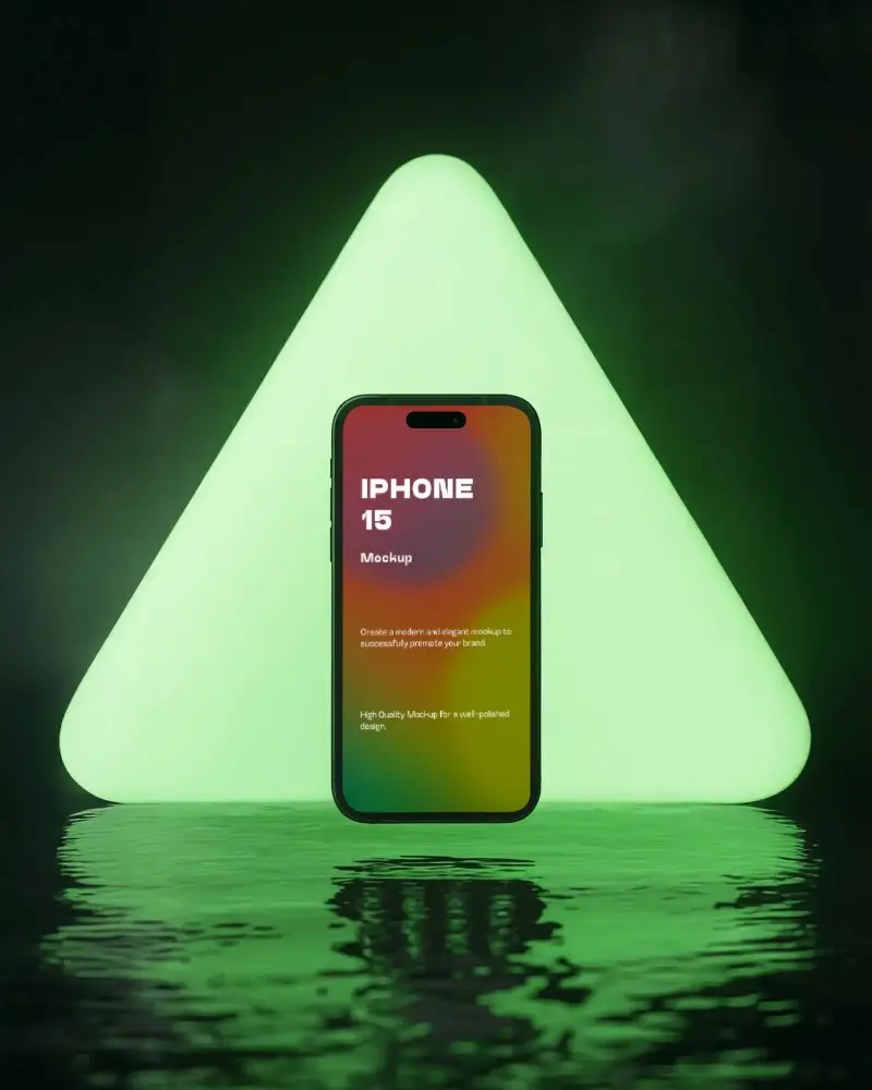Neon Green Triangle Iphone 15 Mockup Phone Centered Before Glowing Geometric Shape