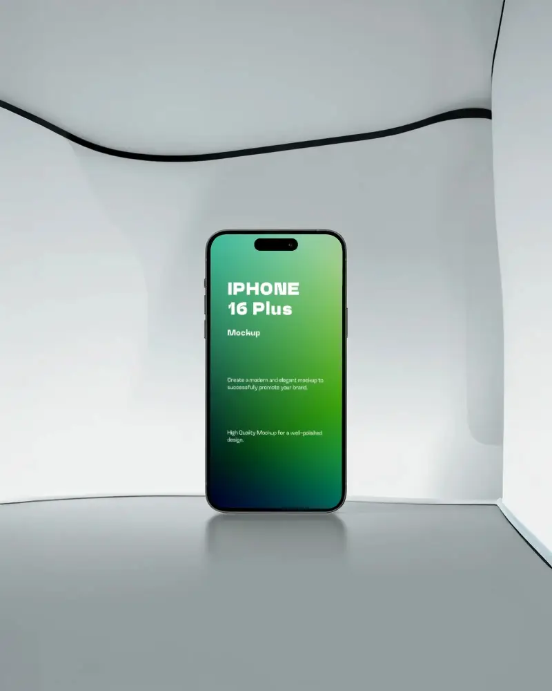 Clean Futuristic Space Iphone 16 Plus Mockup Phone Centered In Minimal White Room