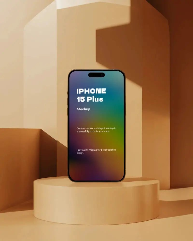 Warm Architectural Stage Iphone 15 Plus Mockup Phone Centered On Smooth Round Podium