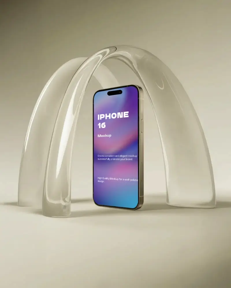 Transparent Arched Structure Iphone 16 Mockup Phone Framed By Clear Sculptural Forms