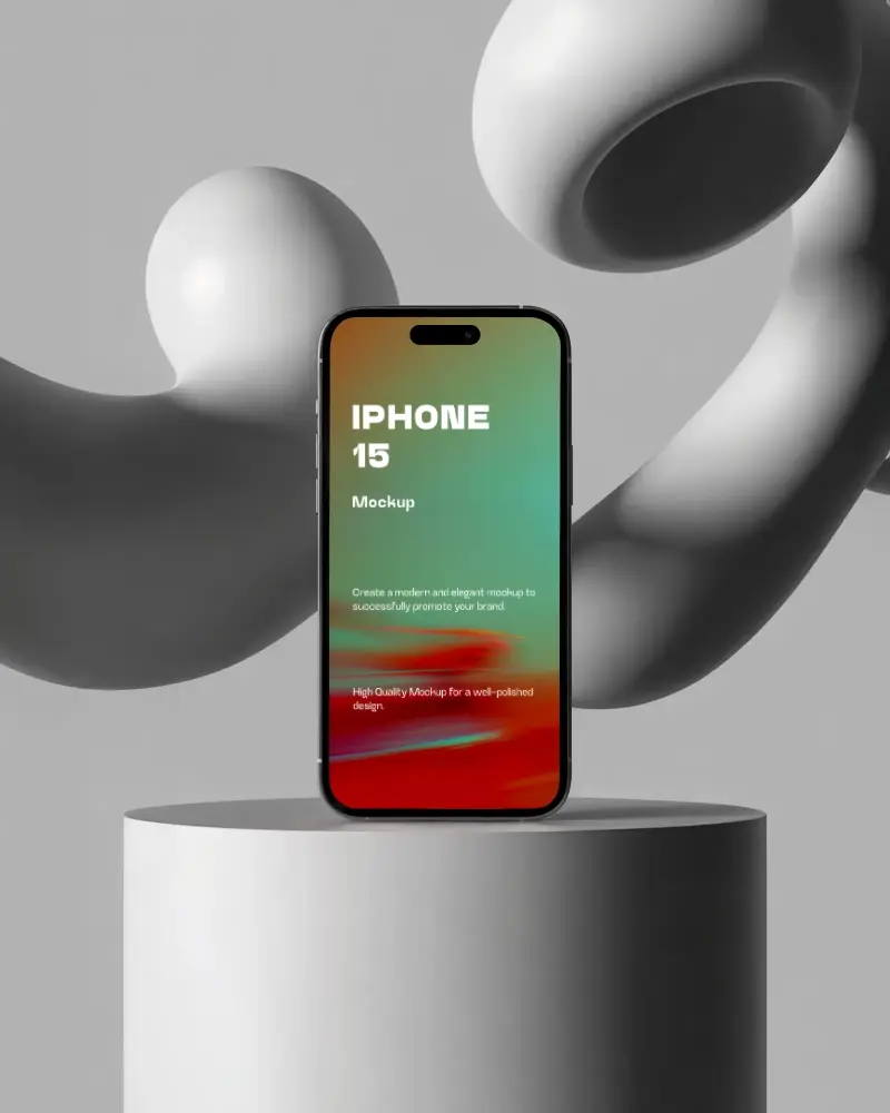 Abstract Sculptural Shapes Iphone 15 Mockup Phone On Minimal Round Podium