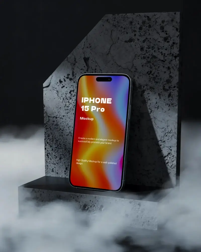 Dark Stone Display Iphone 15 Pro Mockup Device Against Moody Textured Backdrop