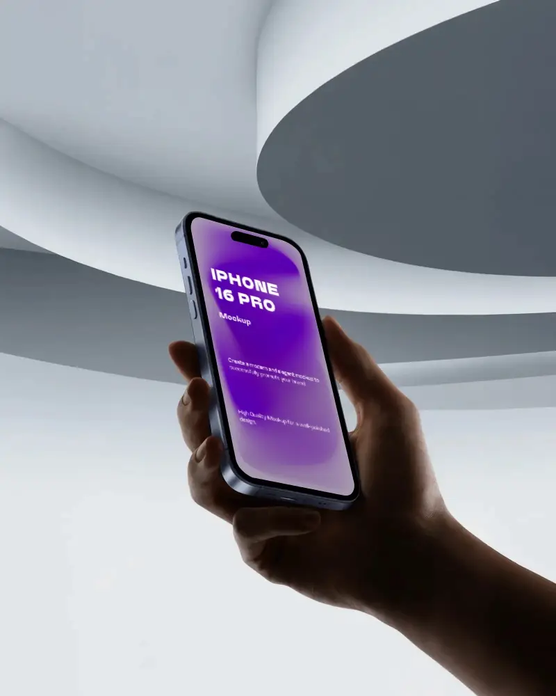 Modern Architectural Curves Iphone 16 Pro Mockup Hand Lifting Phone In Soft Light