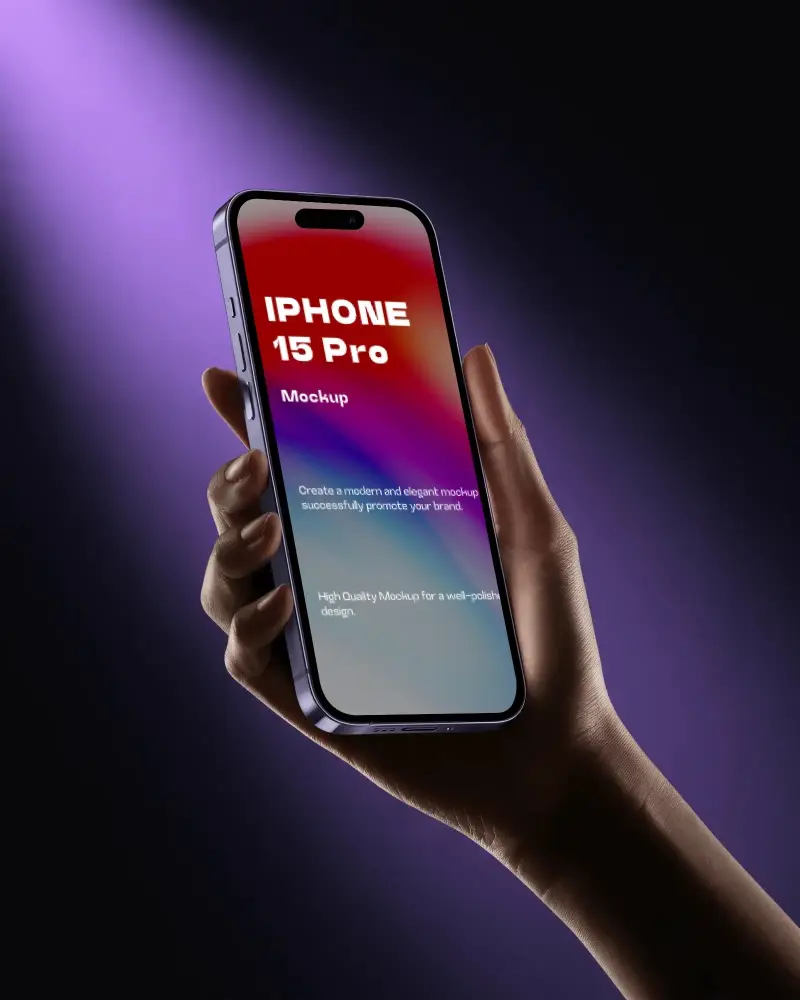 Dramatic Purple Spotlight Iphone 15 Pro Mockup Hand Holding Phone In Dark Setting