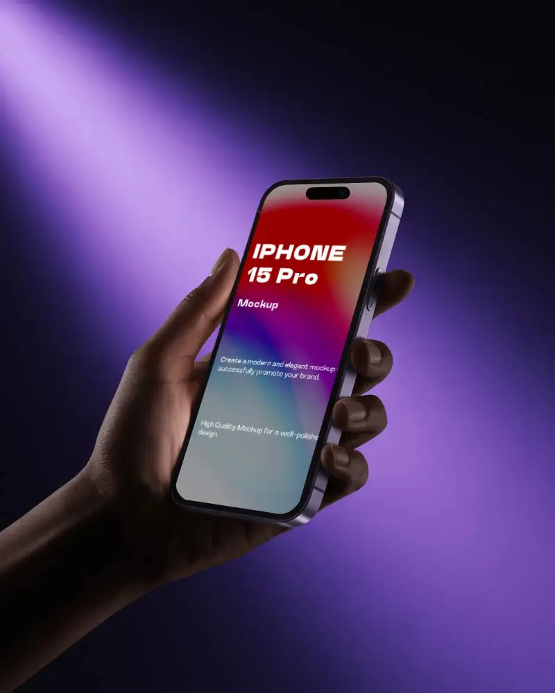 Purple Spotlight Scene Iphone 15 Pro Mockup Hand Holding Phone In Dark Minimal Setting