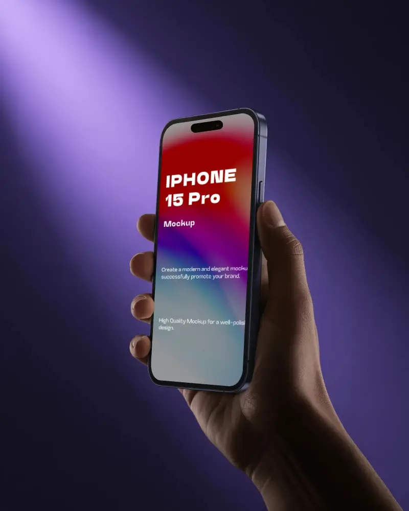 Vivid Violet Glow Iphone 15 Pro Mockup Device Held In Deep Shadowed Light With Strong Contrast