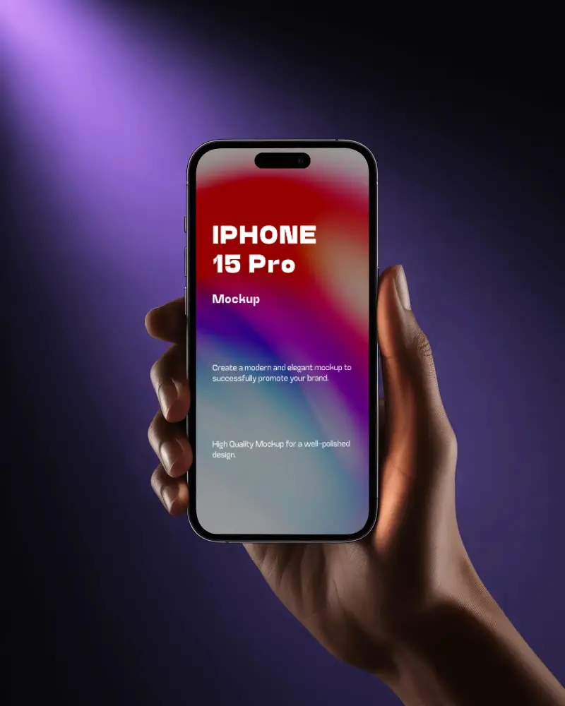 Striking Purple Spotlight Iphone 15 Pro Mockup Device In Clean Dark Setting With Deep Shadows
